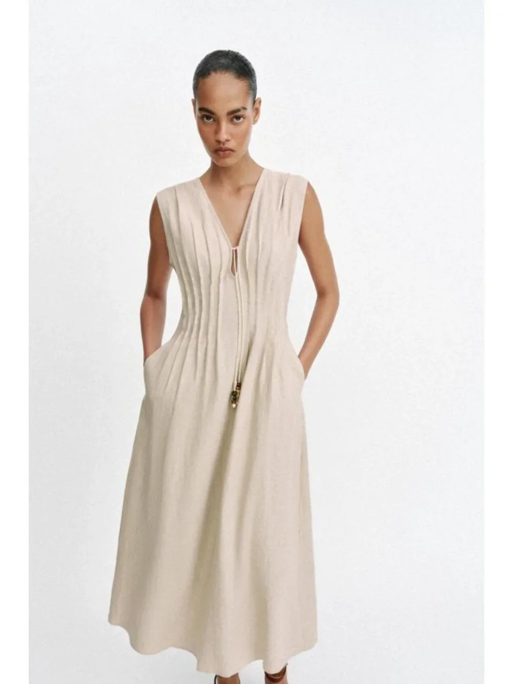 linen midi dress zara LINEN BLEND MIDI DRESS - Light beige